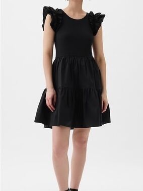 GAP Ruffle Sleeve Tiered Mini Dress Large Black Cottagecore Cotton Blend EUC